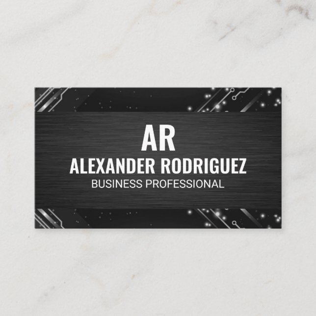 Modern Tech Nodes | Black Texture | Monogram Business Card (Front)