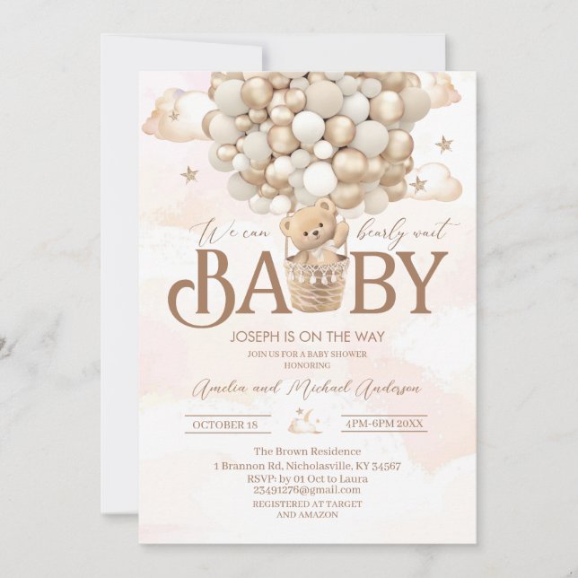 Modern teddy bear watercolor baby shower invitation (Front)