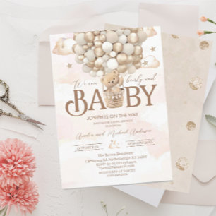 Modern teddy bear watercolor baby shower invitation