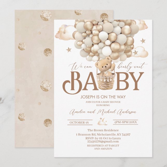Modern teddy bear watercolor baby shower invitation (Front/Back)