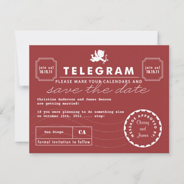 Modern Telegram Card Save the Date - Red (Front)