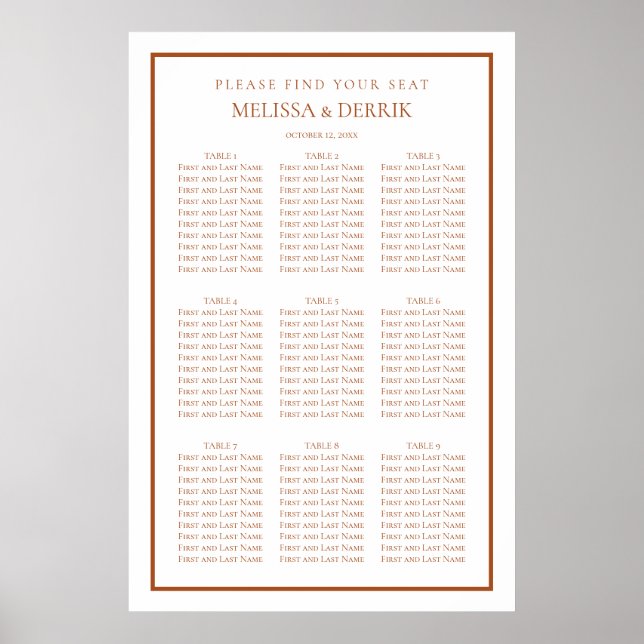Modern Terra Cotta and White Wedding Seating Chart (Front)