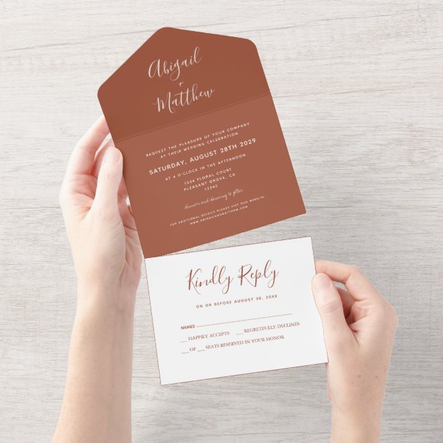 Modern Terra Cotta Minimalist Handwriting Wedding All In One Invitation (Tearaway)