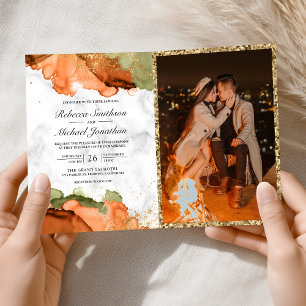 Modern Terracotta Abstract Ink QR Code Wedding Invitation