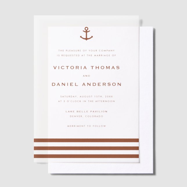 Modern Terracotta Anchor Nautical Wedding Vellum Invitations (Offset)