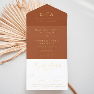 Modern Terracotta and Gold Foil Monogram Wedding All In One Invitation