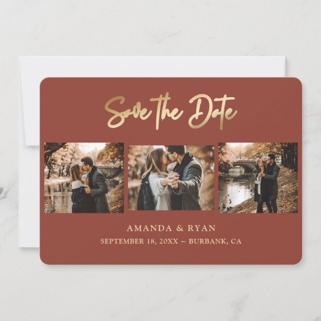 Modern Terracotta and Gold Foil Wedding 3 Photo Save The Date (Front)