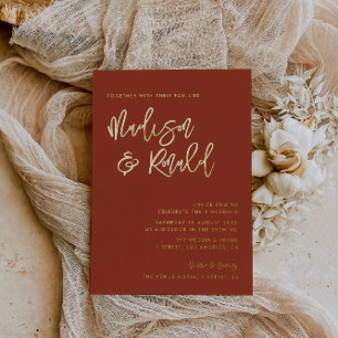 modern terracotta and gold wedding foil invitation