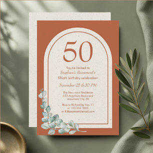 Modern Terracotta Arch Eucalyptus 50th Birthday Invitation