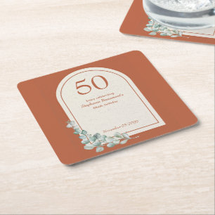Modern Terracotta Arch Eucalyptus 50th Birthday Square Paper Coaster