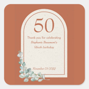 Modern Terracotta Arch Eucalyptus 50th Birthday Square Sticker