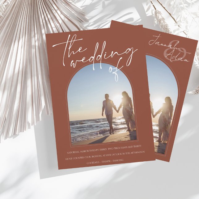 Modern Terracotta Arch Initial Photo Wedding Invitation (Creator Uploaded)