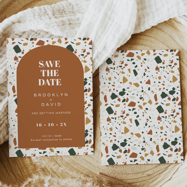 Modern Terracotta Arch Terrazzo Save The Date Card (Terrazzo wedding save the date card featuring a terracotta arch frame and terracotta flecks.)