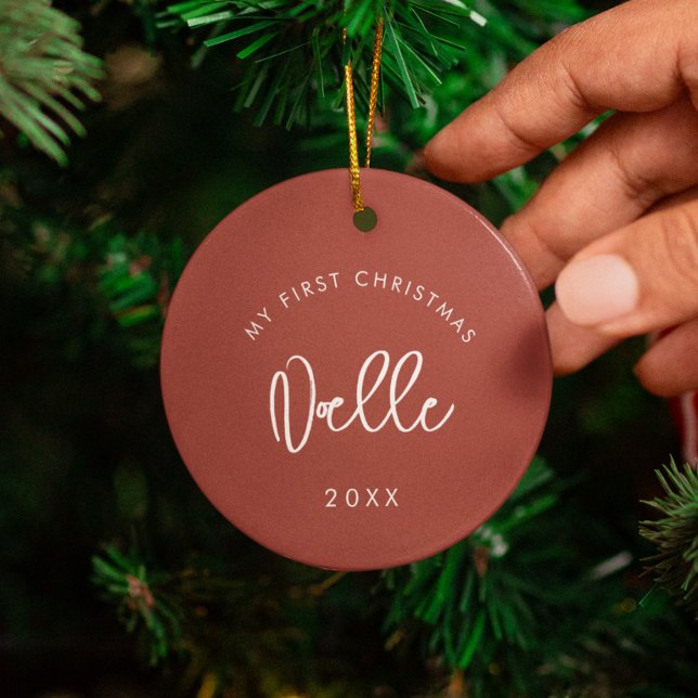Modern Terracotta Baby's First Christmas Photo Ceramic Ornament (Creator Uploaded)