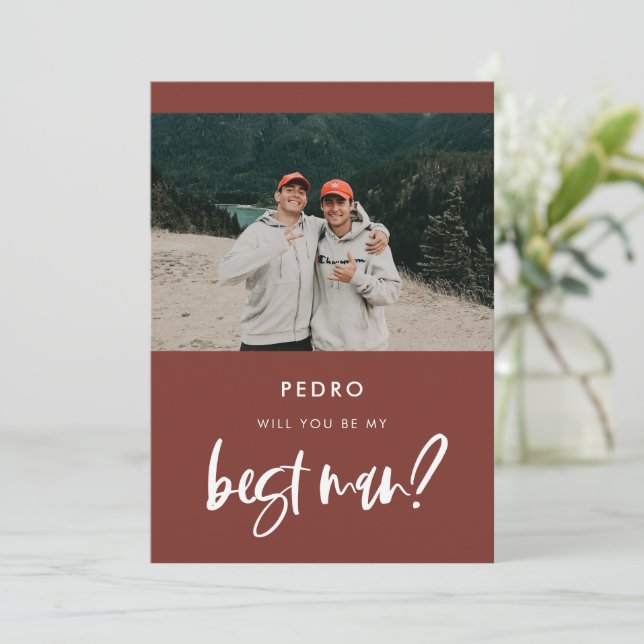 Modern terracotta Best man proposal photo card (Standing Front)