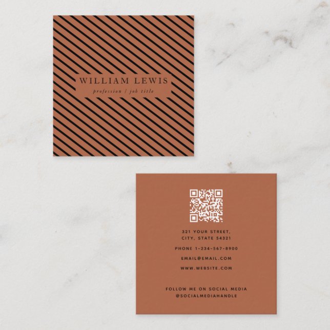 Modern Terracotta Black Striped QR Code Abstract Square Business Card (Front/Back)
