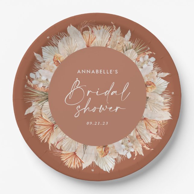 Modern terracotta bohemian pampas bridal shower paper plate (Front)