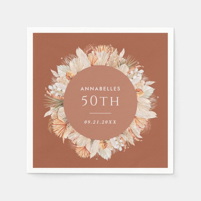 modern terracotta bohemian pampas grass birthday h napkin (Front)