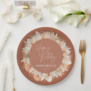 modern terracotta bohemian pampas grass birthday paper plate