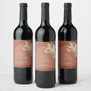 modern terracotta bohemian pampas grass birthday wine label