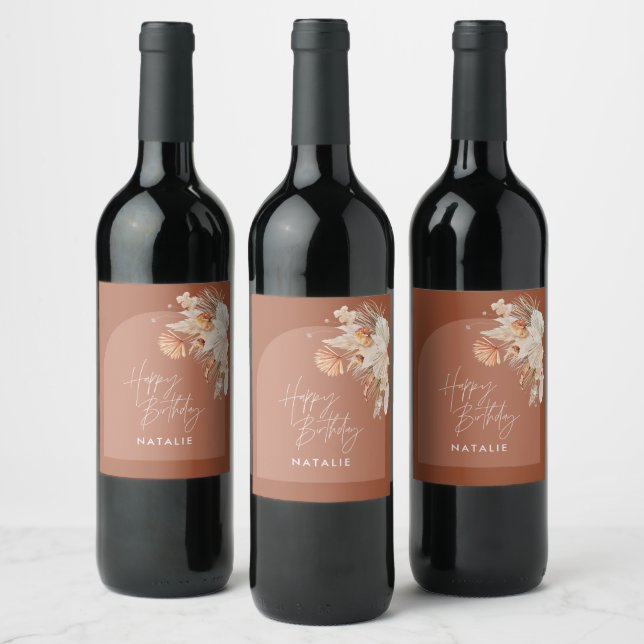 modern terracotta bohemian pampas grass birthday  wine label (Bottles)