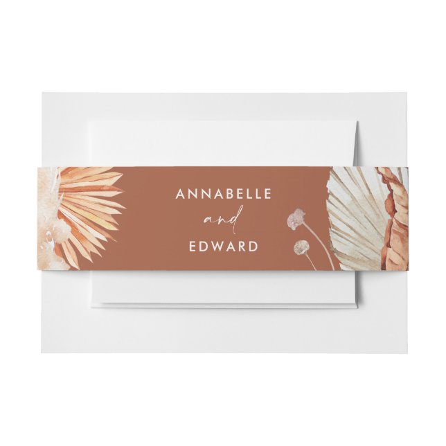 modern terracotta bohemian pampas grass botanical invitation belly band (Front Example)