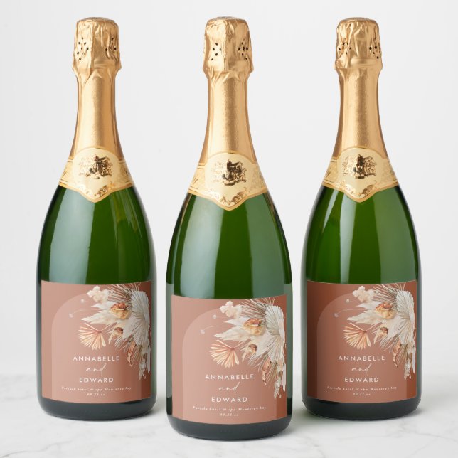modern terracotta bohemian pampas grass botanical  sparkling wine label (Bottles)