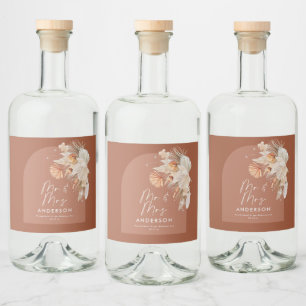 modern terracotta bohemian pampas grass Mr & Mrs Liquor Bottle Label