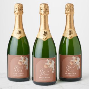 modern terracotta bohemian pampas grass Mr & Mrs W Sparkling Wine Label