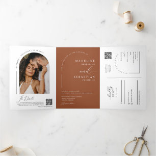 Modern Terracotta Boho Arch Photo QR Code Wedding Tri-Fold Invitation