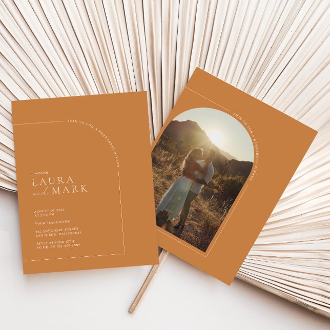 Modern Terracotta Boho Arch Photo Rehearsal Dinner Invitation (Creator Uploaded)