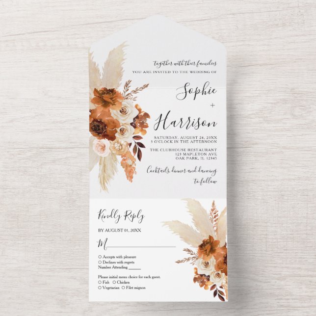 Modern Terracotta Boho Pampas Grass Wedding All In One Invitation (Inside)
