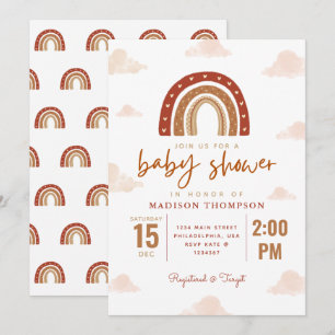 Modern Terracotta Boho Rainbow Clouds Baby Shower Invitation