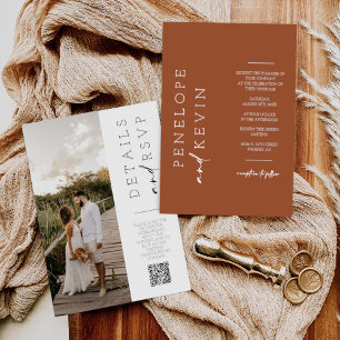 Modern Terracotta Boho Wedding Photo QR Code RSVP Invitation