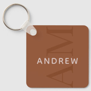 Modern Terracotta Brown Monogram with Name Keychain