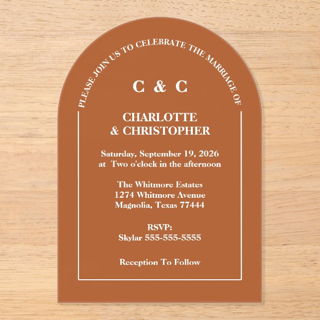 Modern Terracotta Brunt Orange Fall Wedding  Acrylic Invitations (Front)