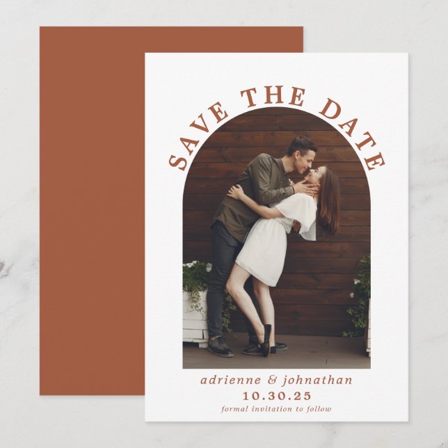 Modern Terracotta Burnt Orange Boho Arch Photo Save The Date (Front/Back)