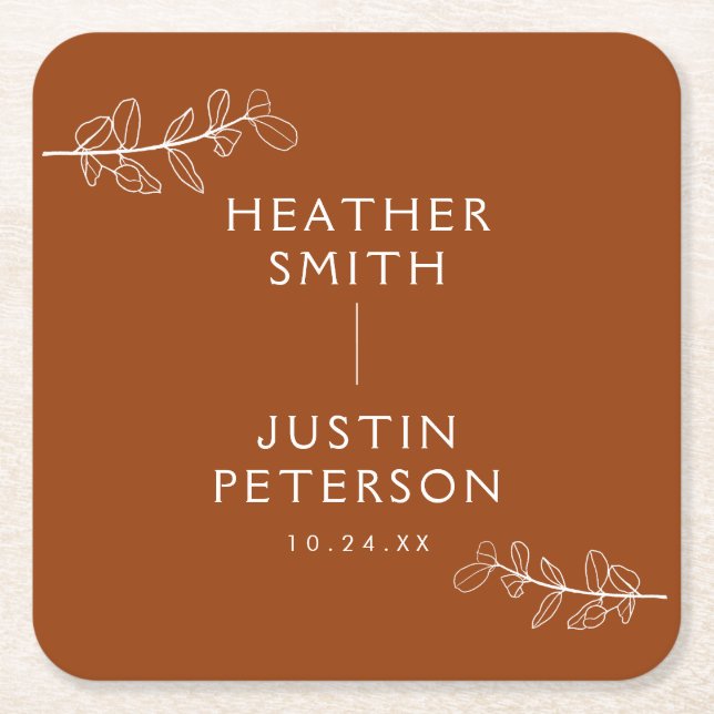 Modern Terracotta Burnt Orange Boho Wedding Napkin Square Paper Coaster (Front)