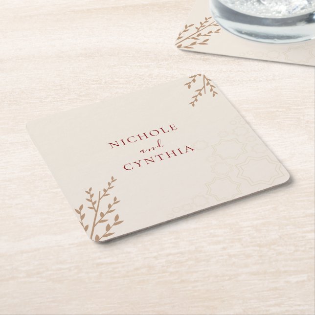 Modern Terracotta Burnt Orange Boho Wedding Square Paper Coaster (Angled)