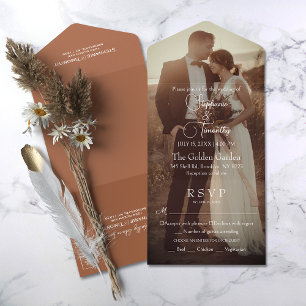 Modern Terracotta Burnt Orange Photo Wedding All In One Invitation