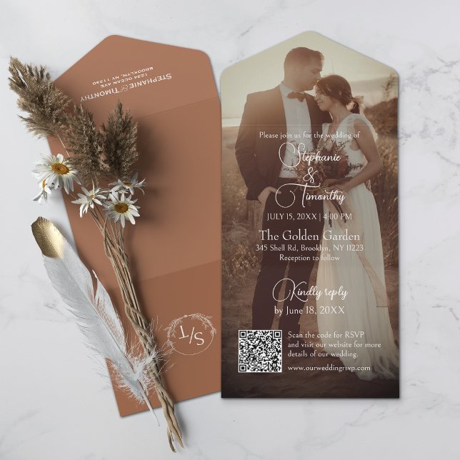 Modern Terracotta | Burnt Orange Photo Wedding All In One Invitation (All-in-one wedding invitation with QR code to RSVP - Simplify and save time for you and your guests.)
