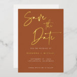 Modern Terracotta Calligraphy Wedding Save Date<br><div class="desc">Modern Terracotta Gold Foil Calligraphy Script Wedding Save the Date Card with gold foil. Change foil colour to another colour if you like. Background colour can also be changed.</div>