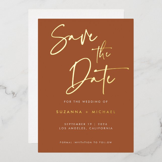 Modern Terracotta Calligraphy Wedding Save Date (Front/Back)