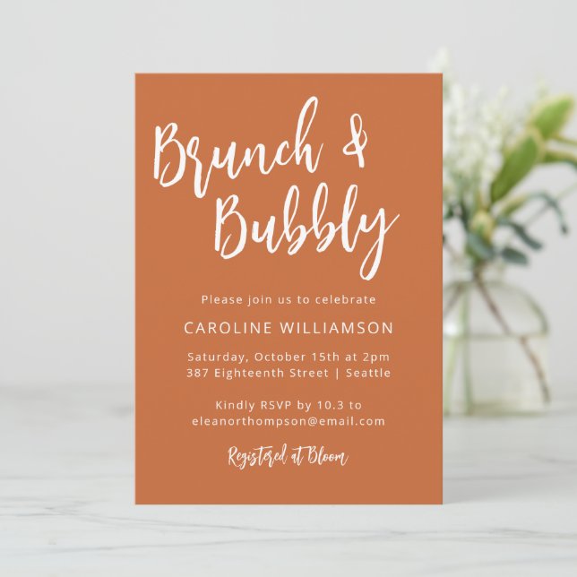 Modern Terracotta Chic Brunch Bubbly Shower Invitation (Standing Front)