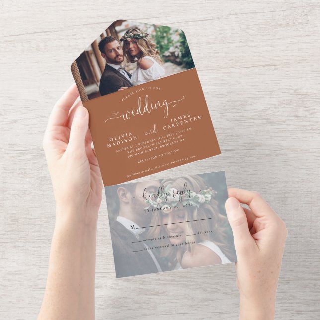 Modern Terracotta Elegant Script 2 Photo Wedding All In One Invitation (Tearaway)