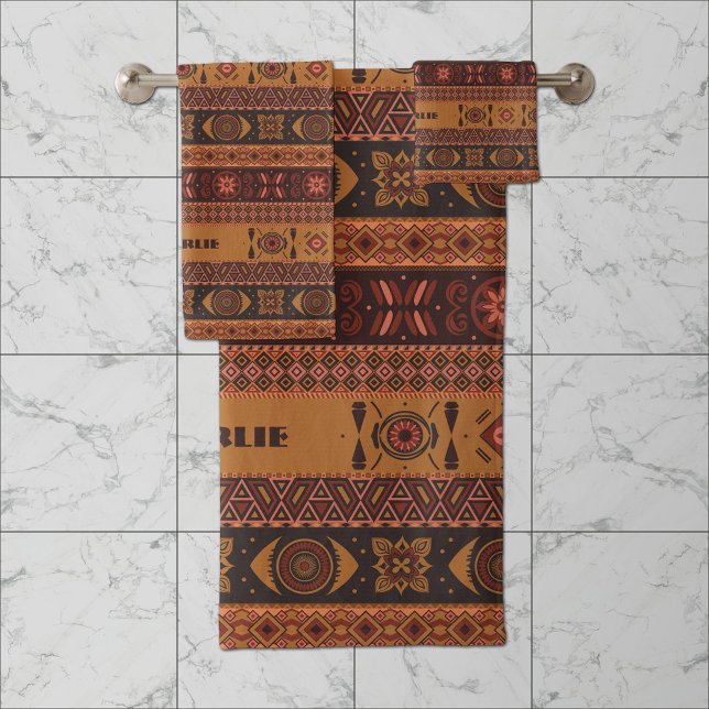 Modern Terracotta Ethnic Tribal Ornamental Pattern Bath Towel Set (Creator Uploaded)