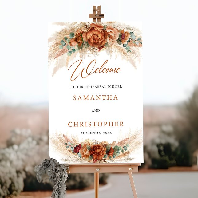 Modern Terracotta flowers boho Welcome rehearsal Poster (Trendy Terracotta and burgundy flowers greenery pampas rehearsal dinner welcome poster )