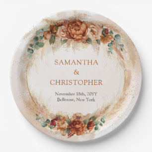Modern Terracotta flowers burgundy pampas greenery Paper Plate