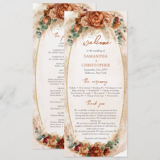 Modern Terracotta flowers burgundy pampas program (Front/Back)