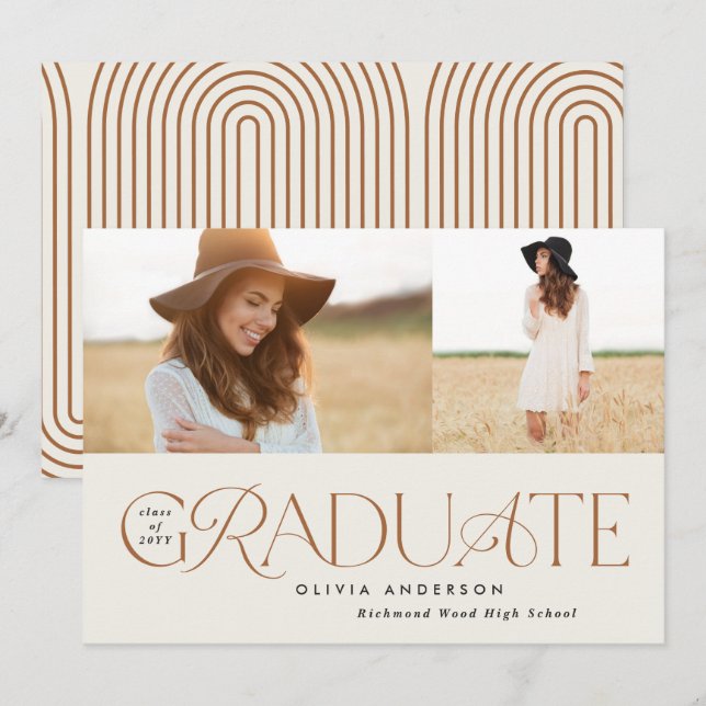 Modern terracotta geometric 2 photo graduation announcement (Front/Back)